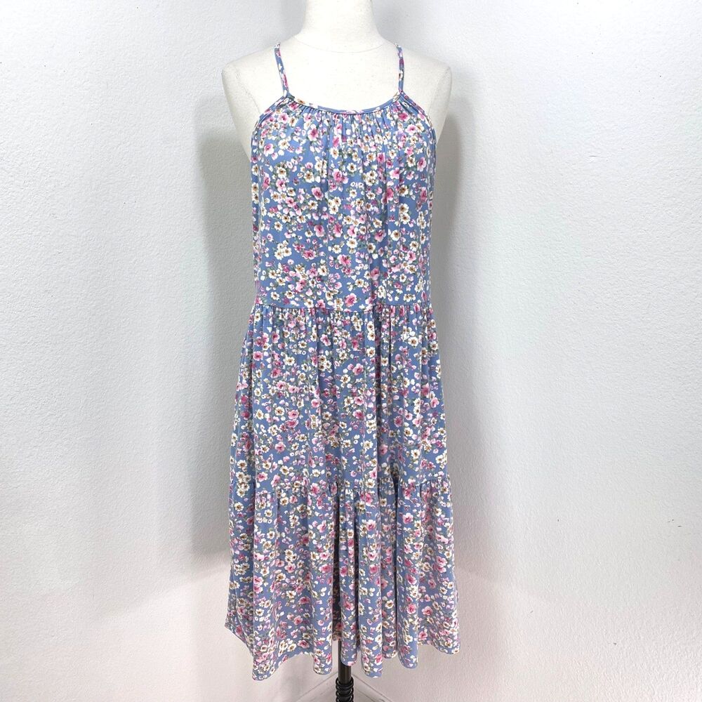 Perfect Peach Blue Tiny Floral Knit Tiered Dress Large Pockets Soft USA Peasant